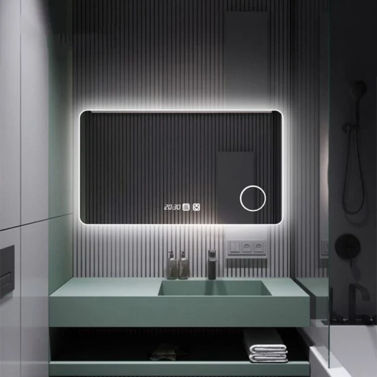 Espejo de baño Bluetooth inteligente iluminado con desempañador LED con reloj digital